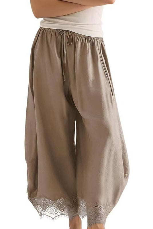 Women's Cropped Lace-Hem Wide-Leg Pants