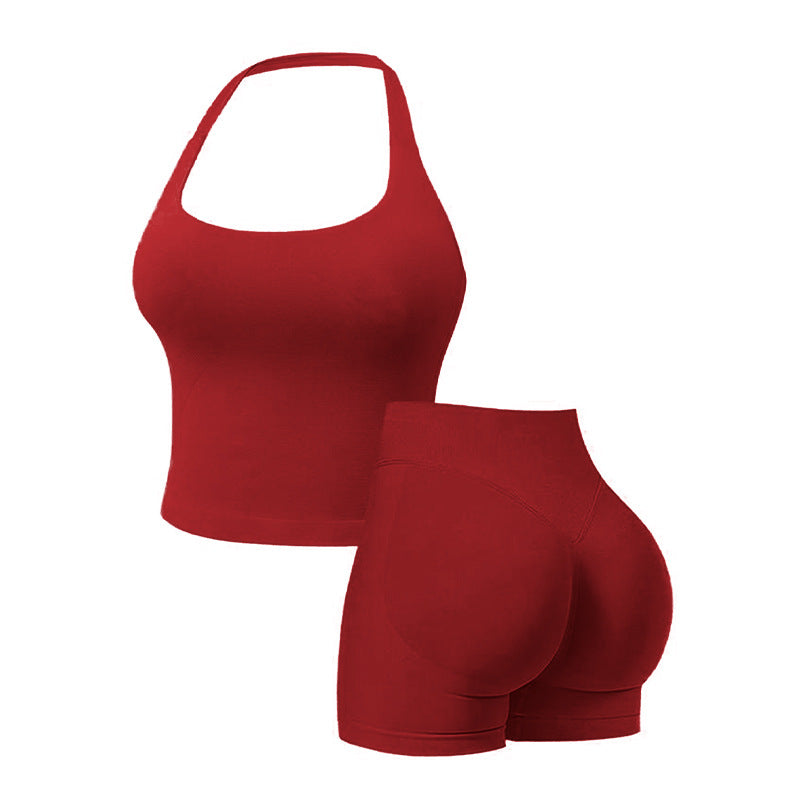 Seamless Workout Sets for Women – Halter Tank Top & Gym Scrunched Shorts Sports Set