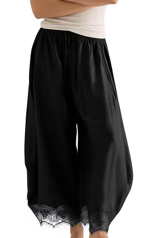 Women's Cropped Lace-Hem Wide-Leg Pants