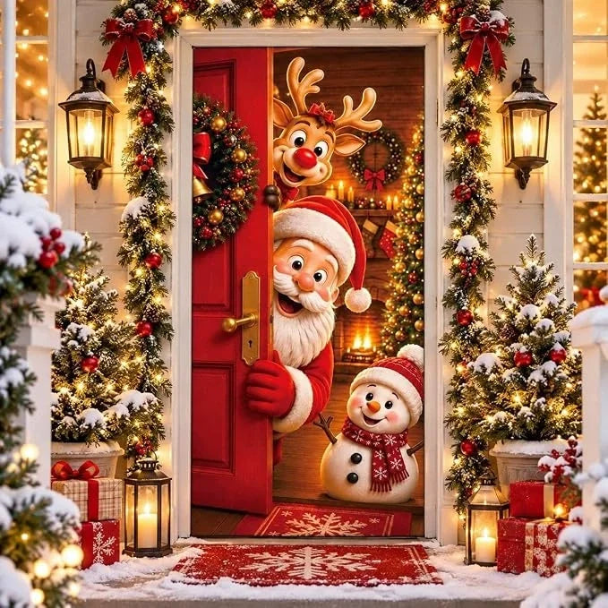 🎁Stretch Christmas Door Cover with Santa &amp; Reindeer Print