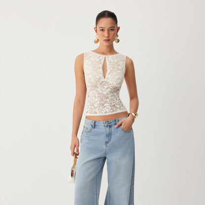 Vintage Floral Lace Sleeveless Top for Women