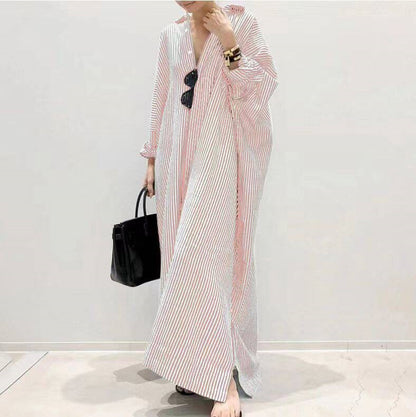 Women's Breezy Striped Button-Front Cotton Maxi Shirt Dress