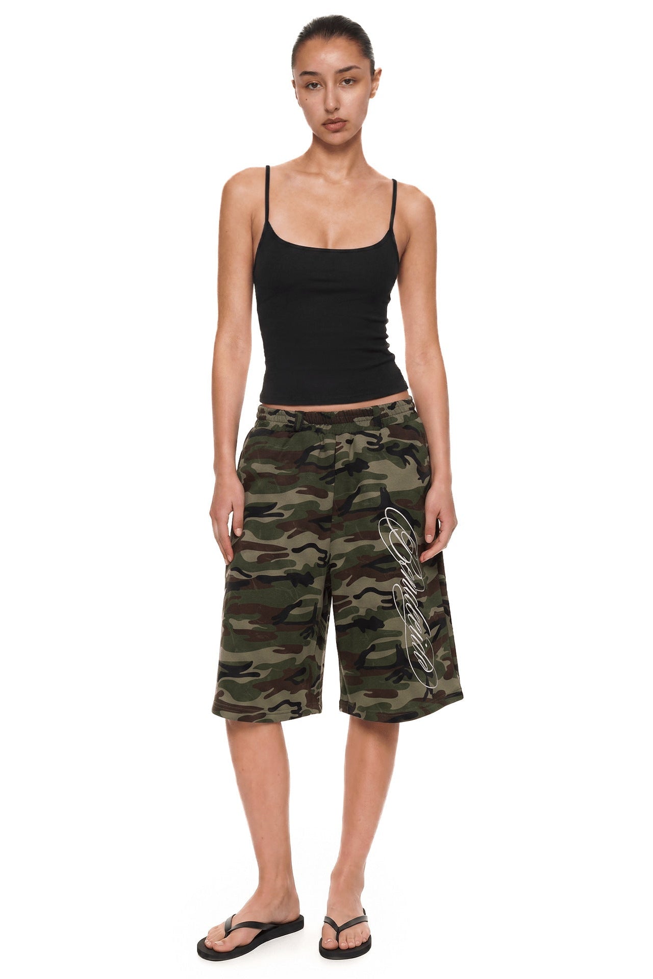 Vintage Camo Embroidered Wide-Leg Cropped Pants