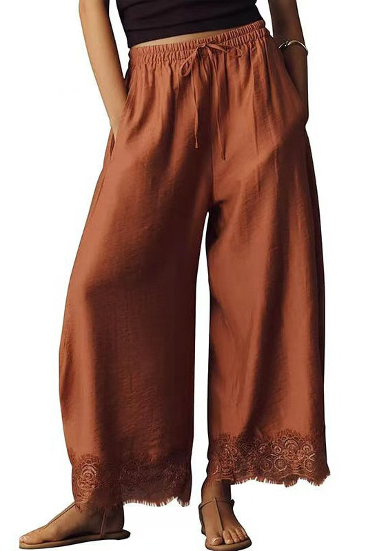 Women's Cropped Lace-Hem Wide-Leg Pants