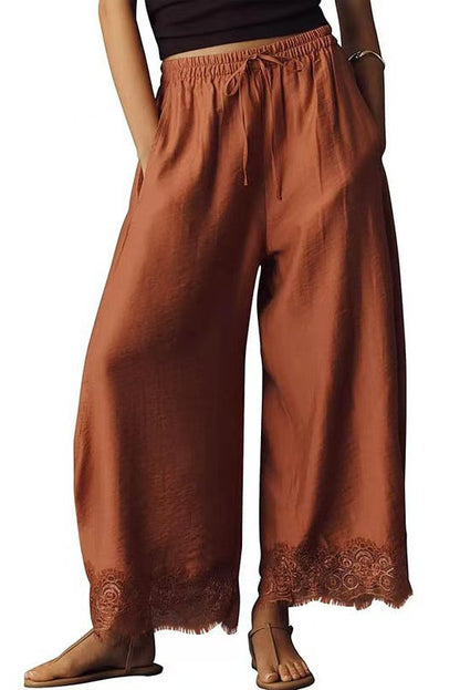 Women's Cropped Lace-Hem Wide-Leg Pants