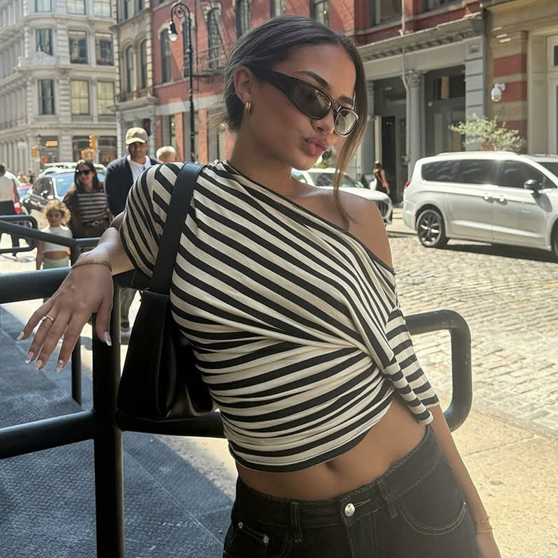 Women's Chic One-Shoulder Striped Twist Crop Top