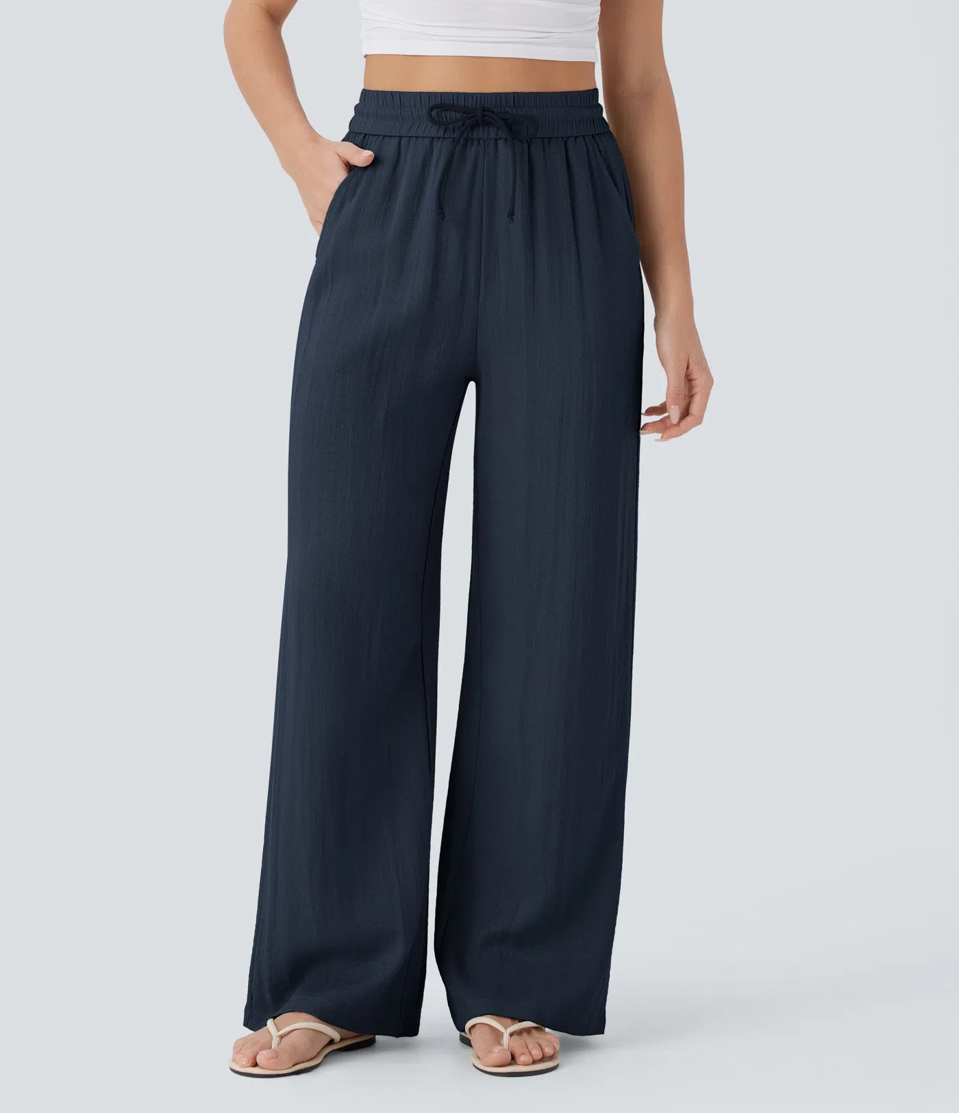 High-Waisted Linen-Feel Wide Leg Pants for Women