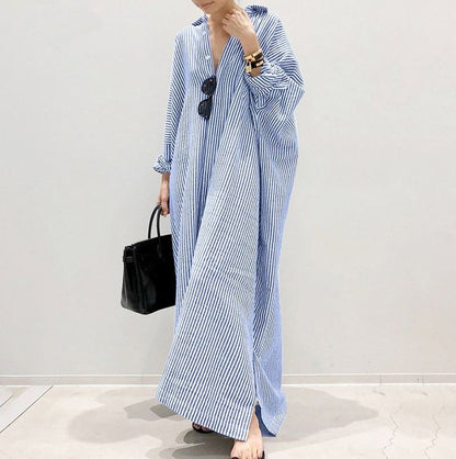 Women's Breezy Striped Button-Front Cotton Maxi Shirt Dress
