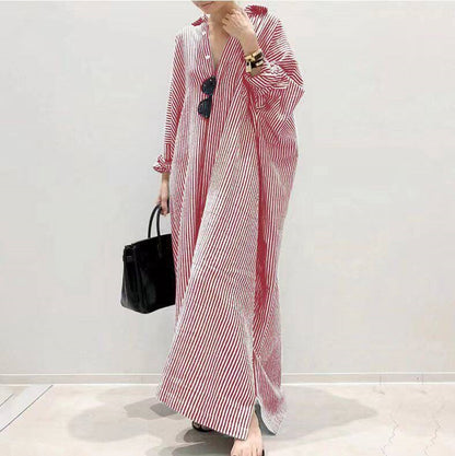 Women's Breezy Striped Button-Front Cotton Maxi Shirt Dress