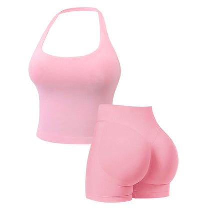 Seamless Workout Sets for Women – Halter Tank Top & Gym Scrunched Shorts Sports Set