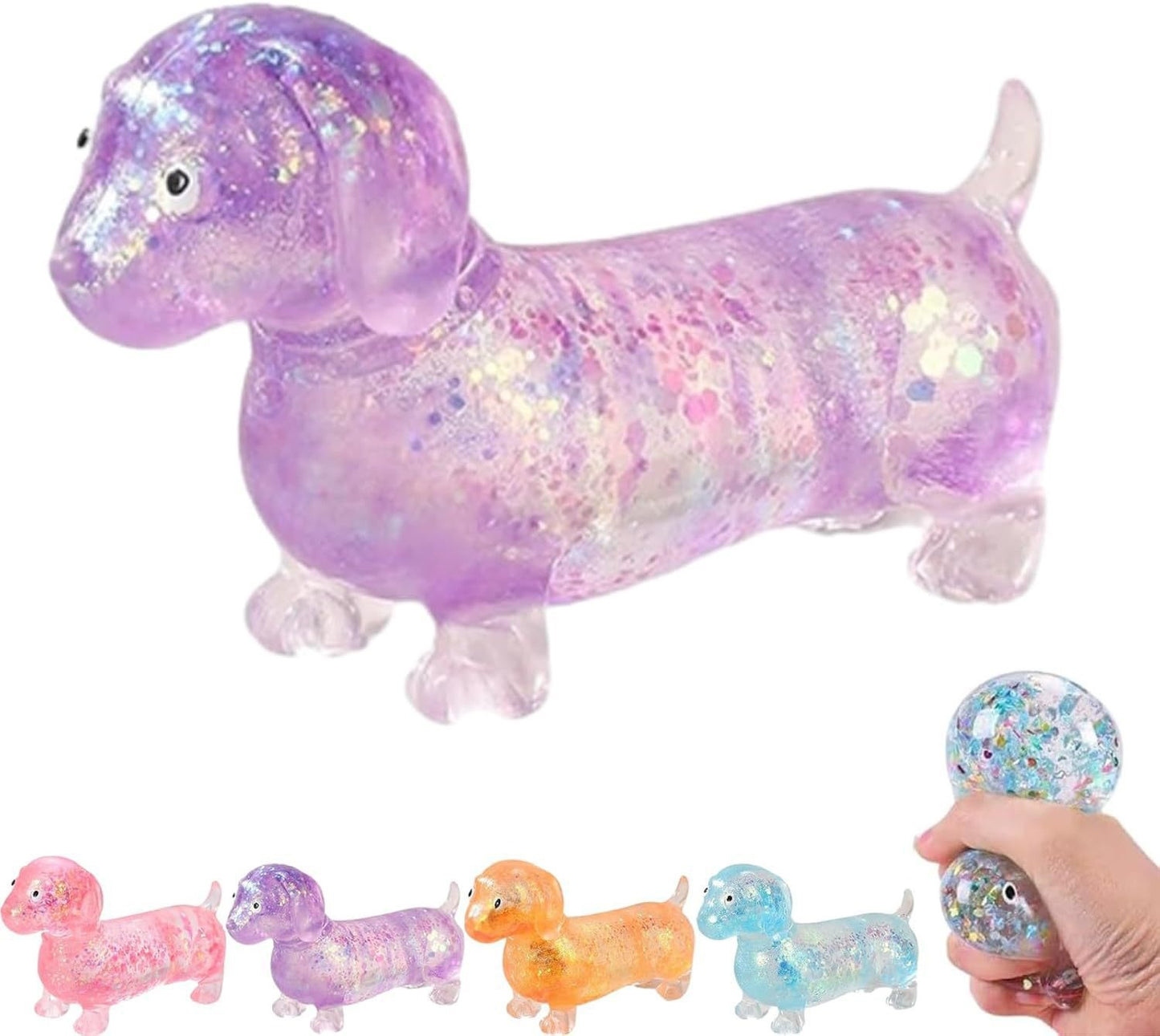 Sparkly Dachshund Squishy Stress Relief Toy – Cute Stretchy Anxiety Fidget for Kids & Adults