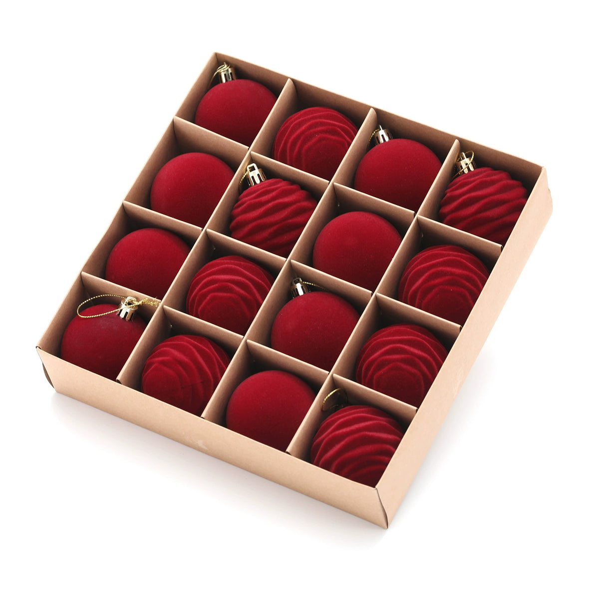 🎁16-Piece Red Velvet Flocked Christmas Ornaments