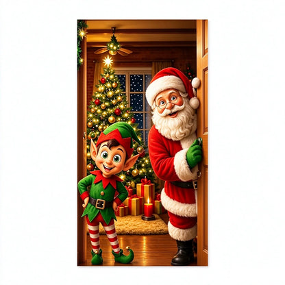 🎁Stretch Christmas Door Cover with Santa &amp; Reindeer Print