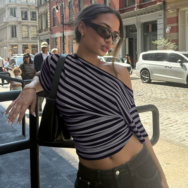 Women's Chic One-Shoulder Striped Twist Crop Top
