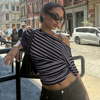 Women's Chic One-Shoulder Striped Twist Crop Top