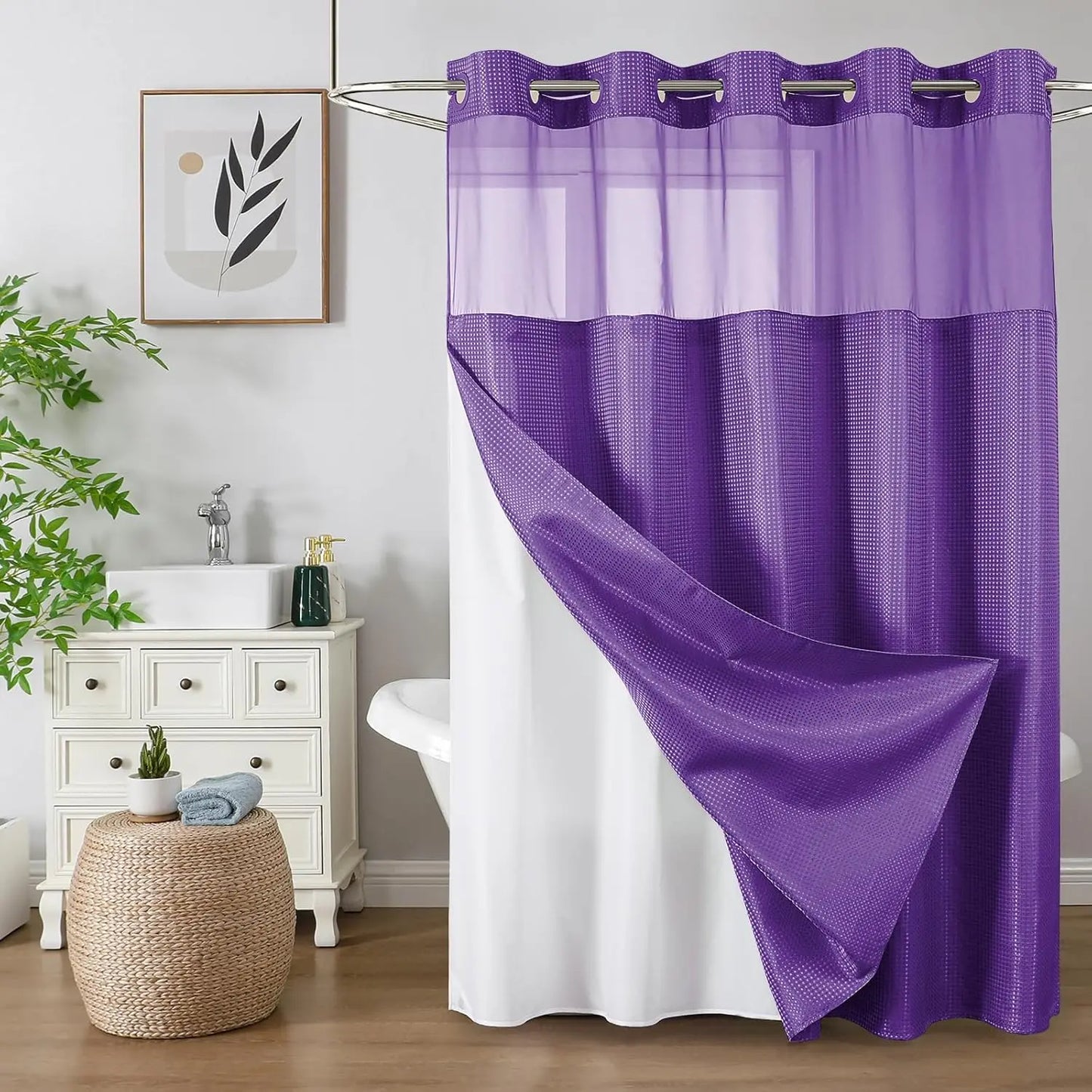 Colorful Star No-Hook Shower Curtain Set with Snap-In Liner