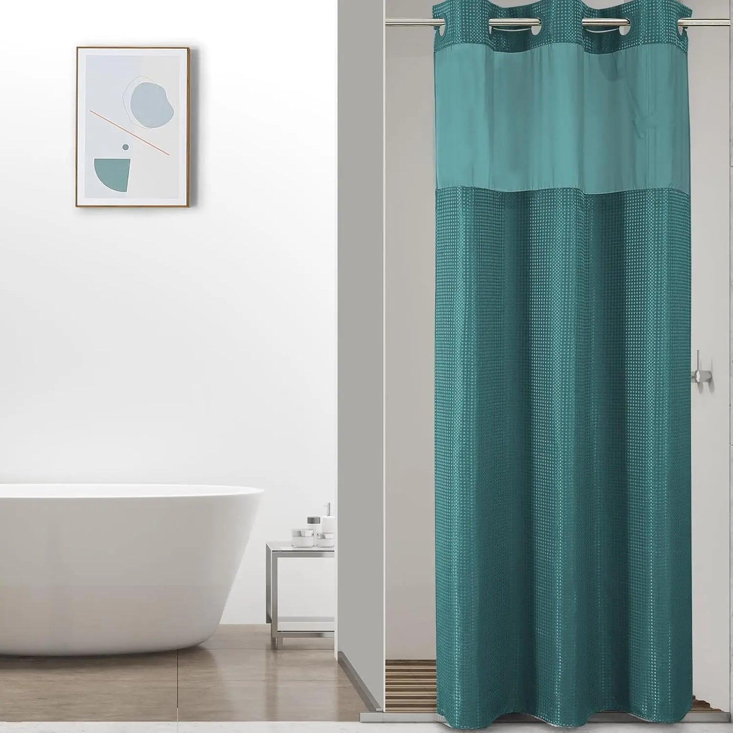 Colorful Star No-Hook Shower Curtain Set with Snap-In Liner