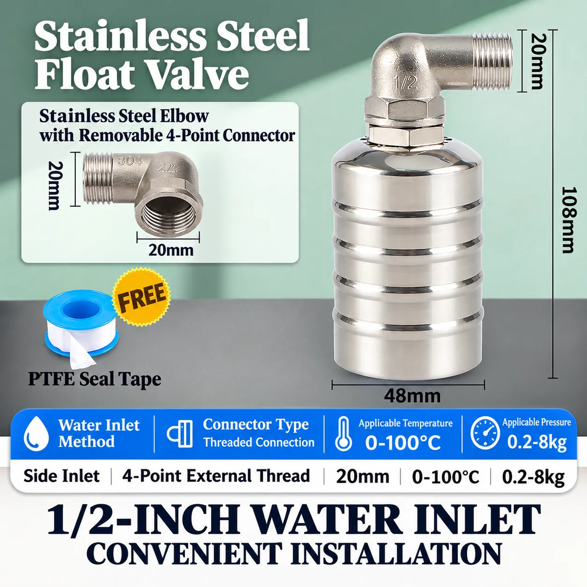 🎁Automatic Stainless Steel Water Float Valve – Compact Self-Regulating Water Level Controller with Automatic Shut-Off for Water Tanks, Pools & Storage Systems