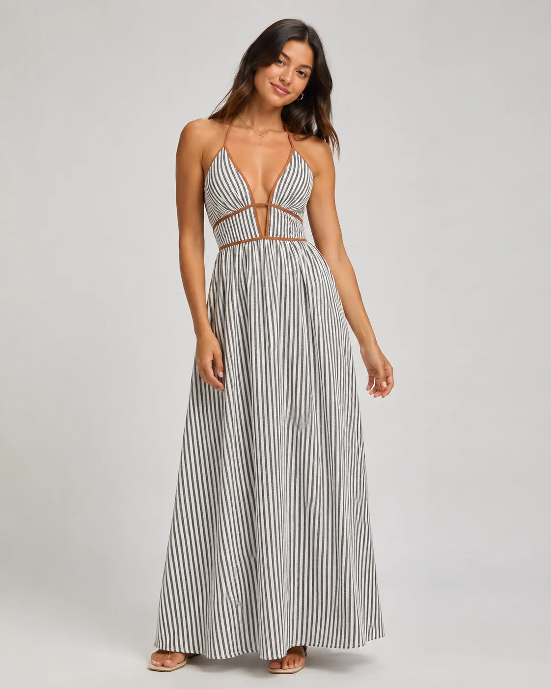 Women’s French Striped Halter Maxi Dress – Deep V-Neck Summer Vacation Dress