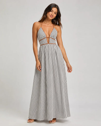 Women’s French Striped Halter Maxi Dress – Deep V-Neck Summer Vacation Dress