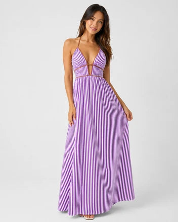 Women’s French Striped Halter Maxi Dress – Deep V-Neck Summer Vacation Dress