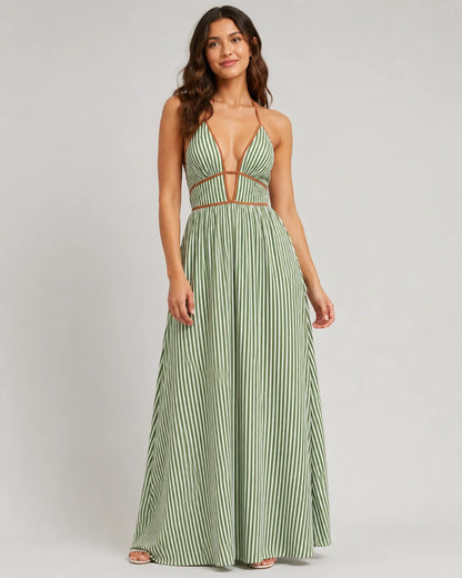 Women’s French Striped Halter Maxi Dress – Deep V-Neck Summer Vacation Dress