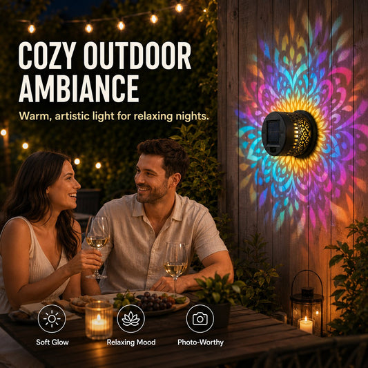 Solar-Mandala-Wandleuchte für den Außenbereich, Garten-Zaun-Projektorlampe, Terrassen-Ambiente-Dekor