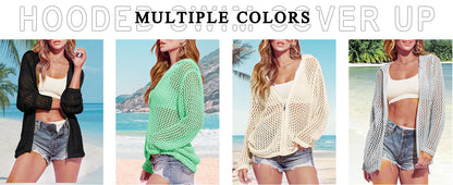 Women's Crochet Lightweight Cardigan Zip Up Hooded Long Sleeve Knit Sweater Mesh Beach Swim Cover Up
