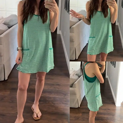 👗 Tanming Women’s Summer Athletic Mini Dress – Sleeveless V-Neck Striped Tennis Dress with Built-In Shorts ☀️🎾