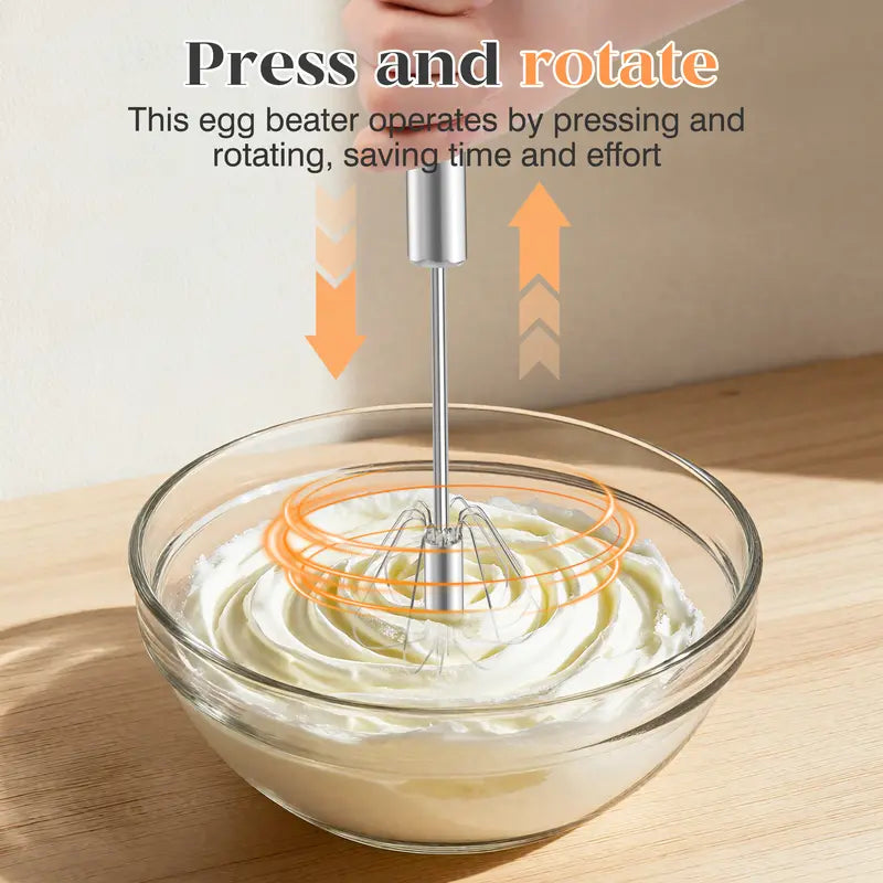 2PCS Stainless Steel Hand-Push Rotary Whisk – Semi-Automatic Egg Beater & Milk Frother