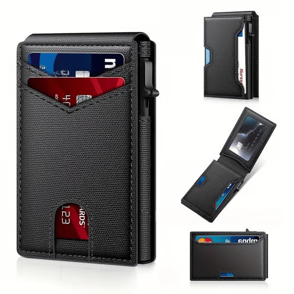 💥🎁 Slim Wallet for Men with Pop-Up Aluminum Case. RFID Blocking  Minimalist Leather Bifold Card Holder
