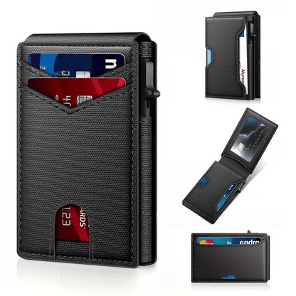 💥🎁 Slim Wallet for Men with Pop-Up Aluminum Case. RFID Blocking  Minimalist Leather Bifold Card Holder