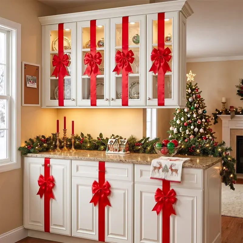 🎁Red Christmas Cabinet Bows &amp; Satin Ribbon Decorations – 4 Pack