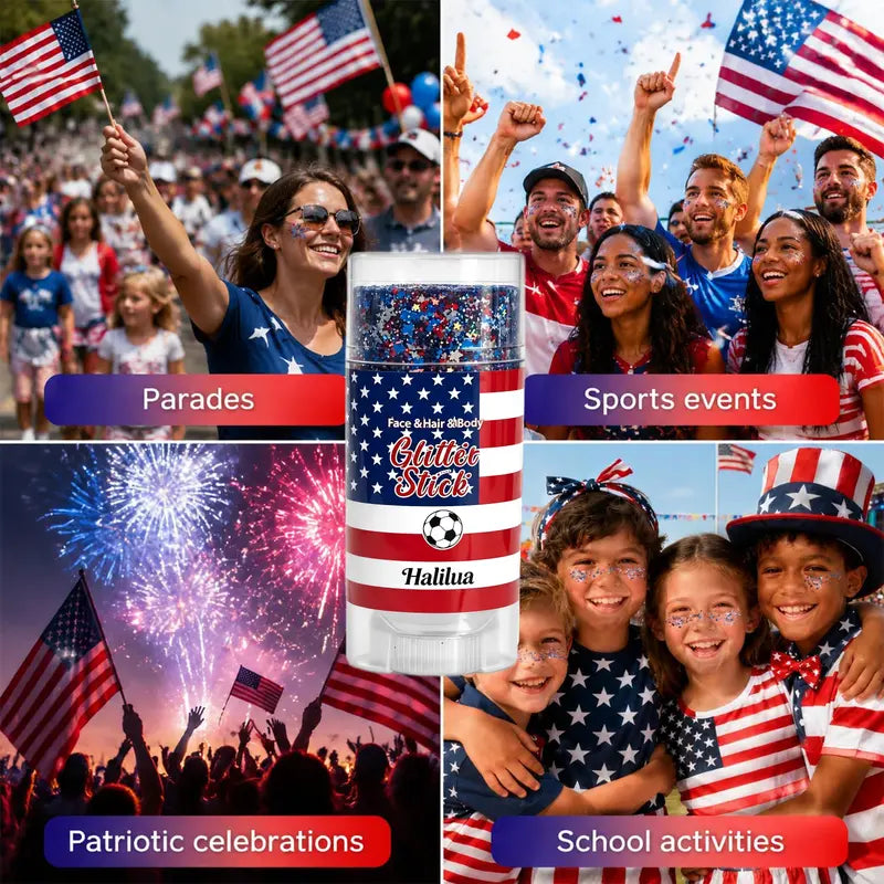 ✨ Self-Adhesive Glitter Stick – Red White & Blue Patriotic Body Makeup for 4th of July & Festivals