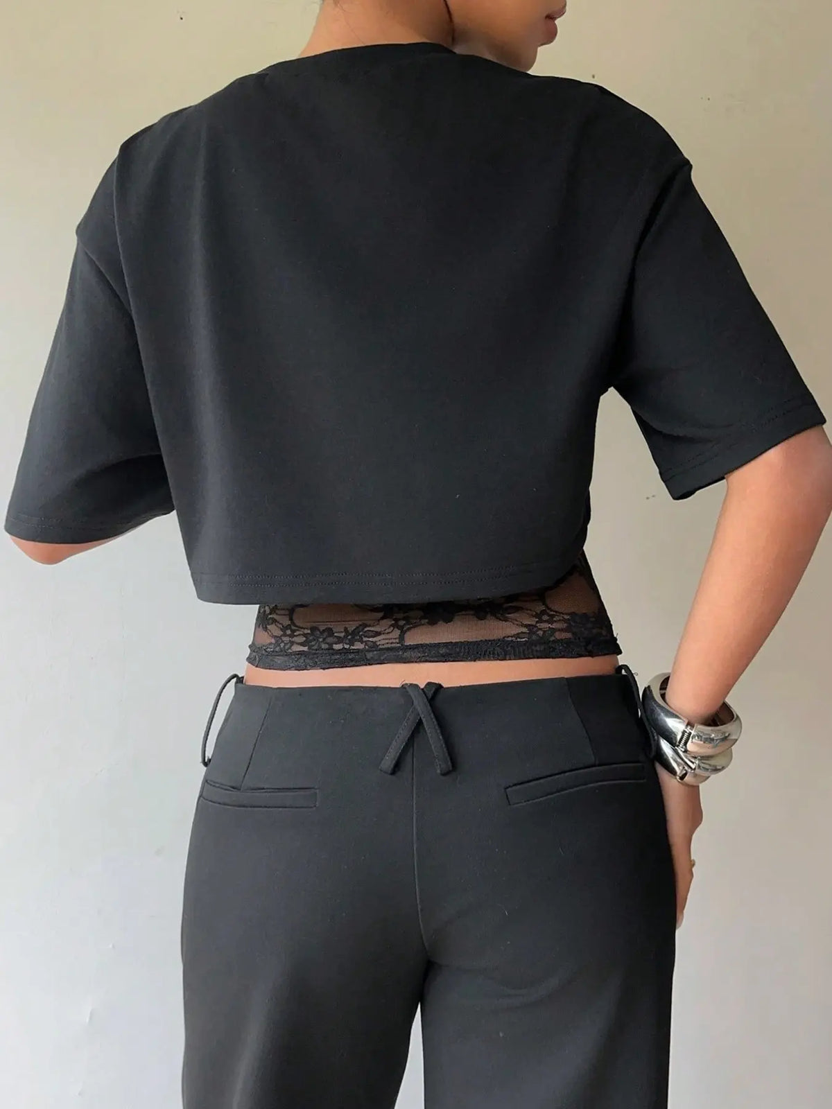 🎉Cropped Short T-shirt with Lace Splicing, Loose Layered Design, Sexy Daily Commute Wear Summer