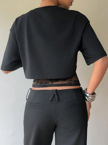 🎉Cropped Short T-shirt with Lace Splicing, Loose Layered Design, Sexy Daily Commute Wear Summer