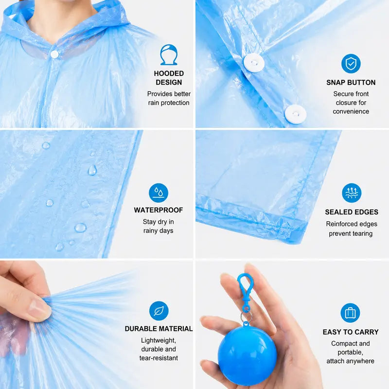 Emergency Waterproof Adult Rain Poncho with Keychain Ball