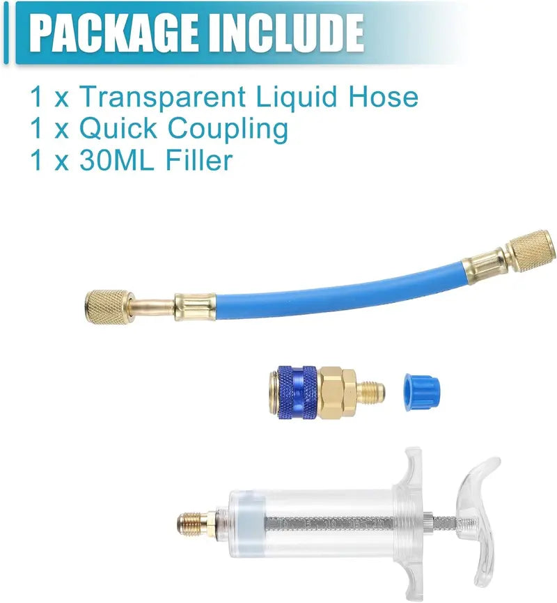 30ml (1 Oz) Manual AC Oil & UV Dye Injector Kit with 1/4" SAE Quick Coupler for Automotive & HVAC Air Conditioning Systems