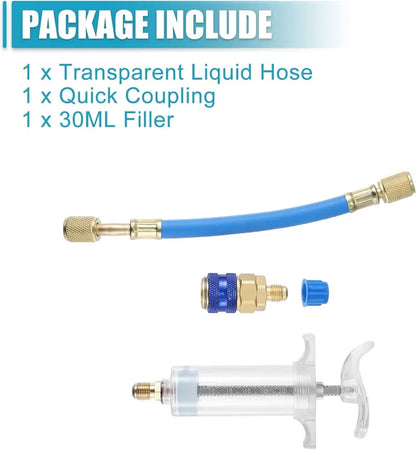 30ml (1 Oz) Manual AC Oil & UV Dye Injector Kit with 1/4" SAE Quick Coupler for Automotive & HVAC Air Conditioning Systems