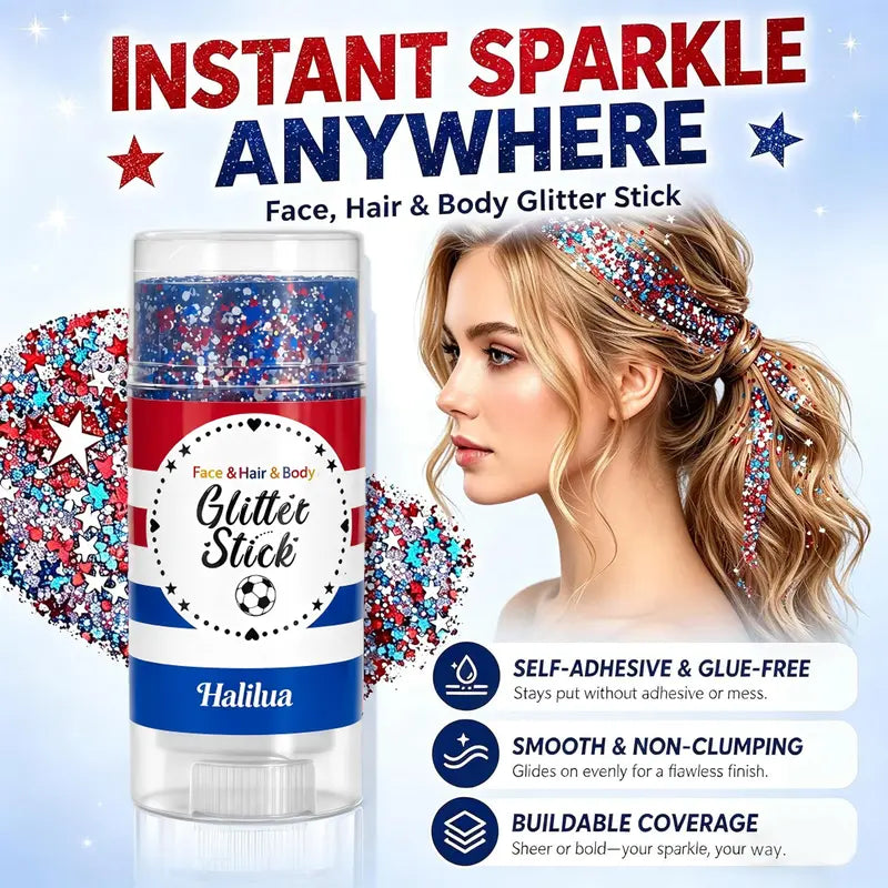 ✨ Self-Adhesive Glitter Stick – Red White & Blue Patriotic Body Makeup for 4th of July & Festivals