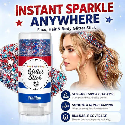 ✨ Self-Adhesive Glitter Stick – Red White & Blue Patriotic Body Makeup for 4th of July & Festivals