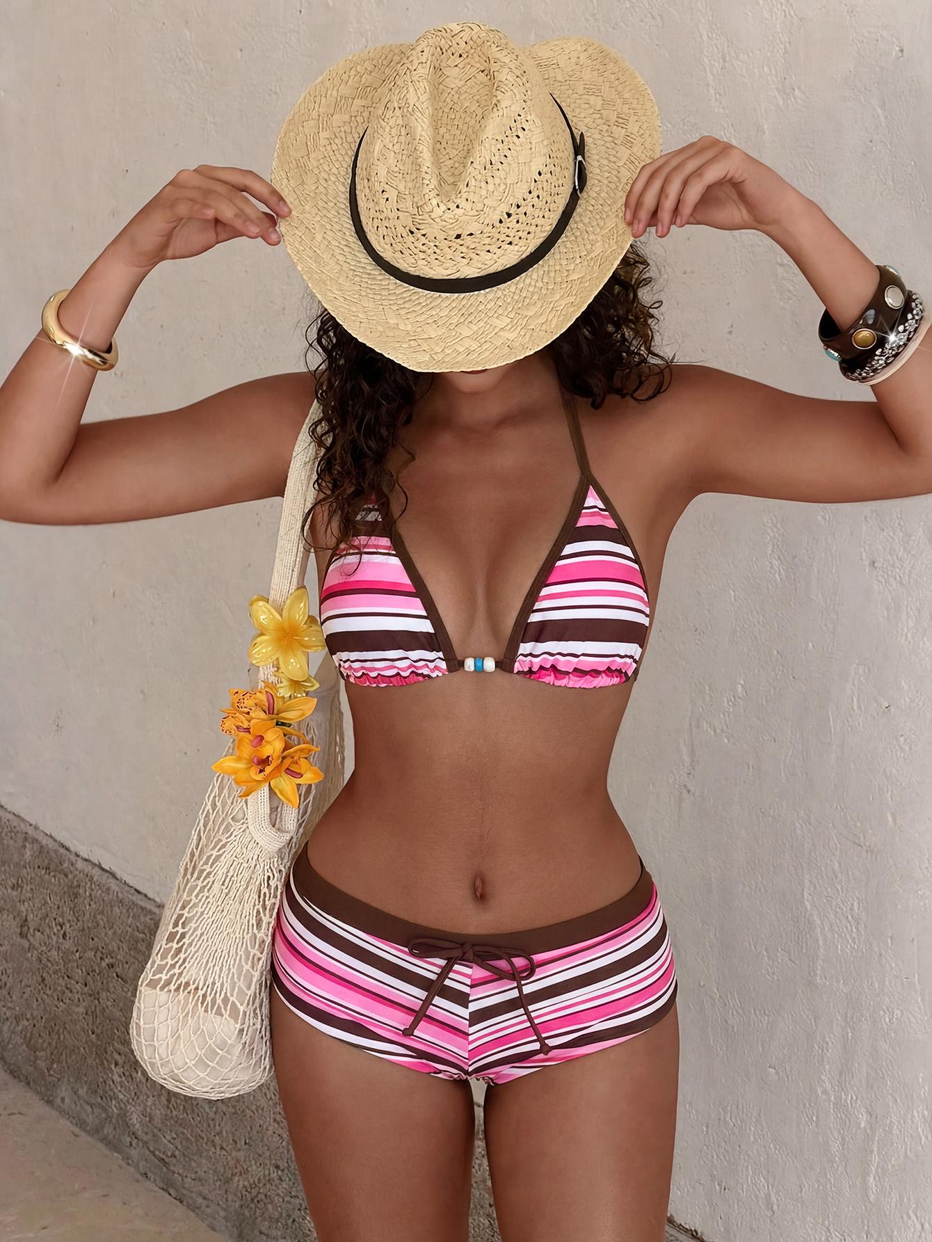 PEPPERMOLLY Women’s 2-Piece Retro Yellow Polka Dot Bikini Set – Y2K Color Block Beachwear & Vacation Outfit
