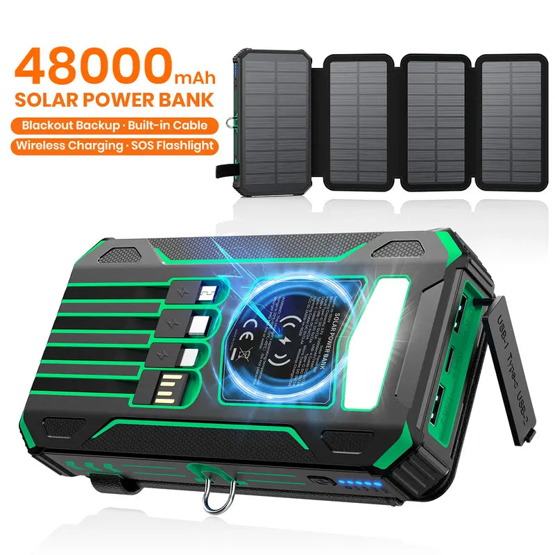 🎁48000mAh Solar Power Bank with Wireless Charging &amp; Built-In Cables