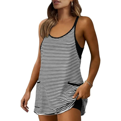 👗 Tanming Women’s Summer Athletic Mini Dress – Sleeveless V-Neck Striped Tennis Dress with Built-In Shorts ☀️🎾