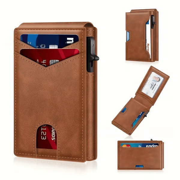 💥🎁 Slim Wallet for Men with Pop-Up Aluminum Case. RFID Blocking  Minimalist Leather Bifold Card Holder