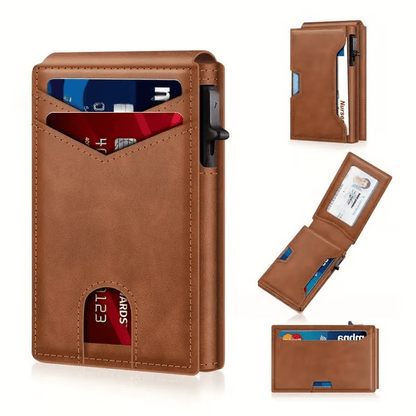 💥🎁 Slim Wallet for Men with Pop-Up Aluminum Case. RFID Blocking  Minimalist Leather Bifold Card Holder