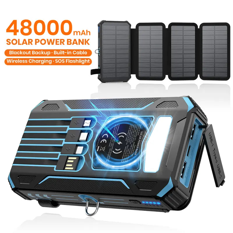 🎁48000mAh Solar Power Bank with Wireless Charging &amp; Built-In Cables