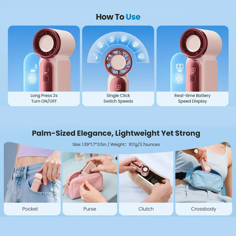 Mini Handheld Turbo Fan with LED Display – 100-Speed Portable Pocket Cooling Fan for Women, USB Rechargeable Travel & Makeup Essential