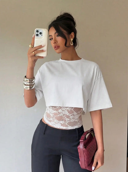 🎉Cropped Short T-shirt with Lace Splicing, Loose Layered Design, Sexy Daily Commute Wear Summer