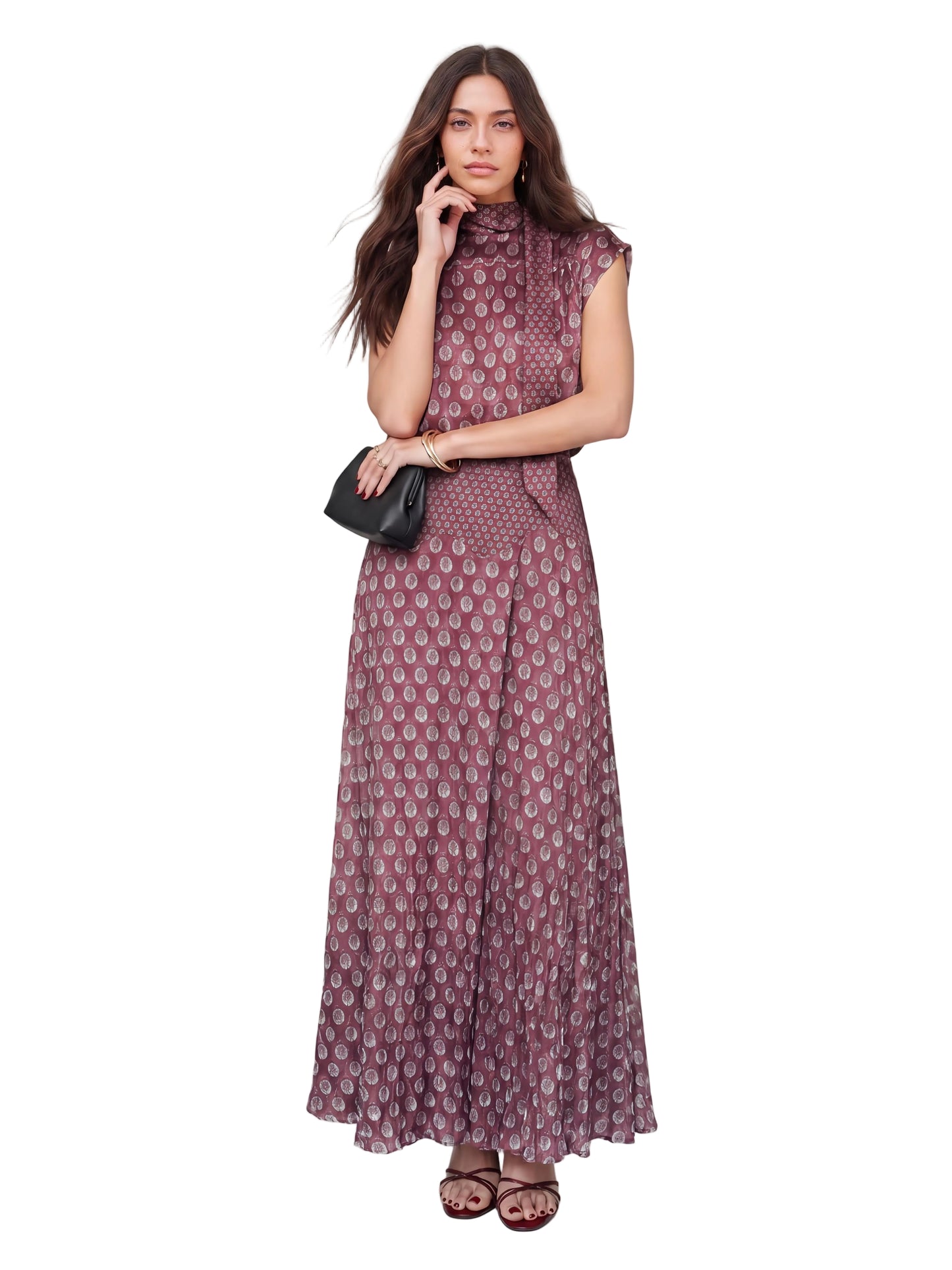 Elegant Retro Print Satin Two-Piece Set – Sleeveless Scarf Neck Halter Top & Flowing Maxi Skirt